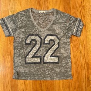 Forever21 Marled Gray V Neck Varsity Style Short Sleeve Tee Shirt with #22 on it